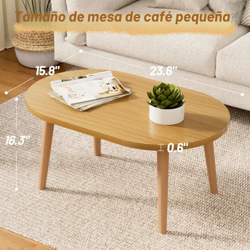 Miniatura 2 de Mesa auxiliar pequeña, mesa baja con patas de madera maciza, mesa auxiliar ovalada de 23.6 pulgadas, mesa auxiliar auxiliar de pie para sentarse