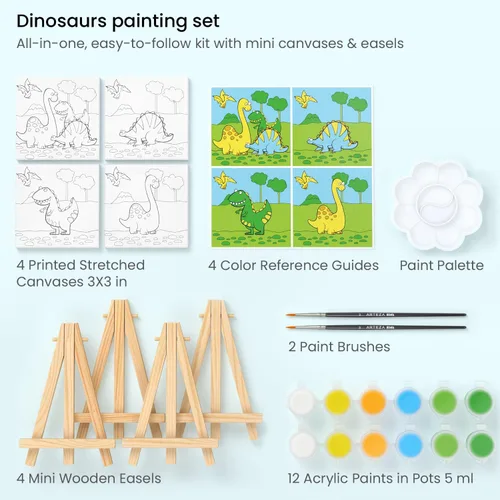 Miniatura 2 de ARTEZA Kids Kit de pintura de dinosaurios, 4 lienzos de 3 x 3 pulgadas, 4 caballetes, 12 pinturas acrílicas, 2 pinceles de pintura, 1 paleta