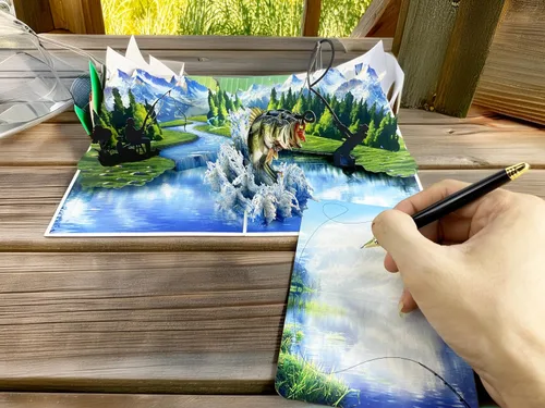 Miniatura 4 de Tarjeta de felicitación desplegable 3D – Tarjeta de pesca hecha a mano con lubina saltarina y lago escénico – Día del Padre, cumpleaños, jubilación