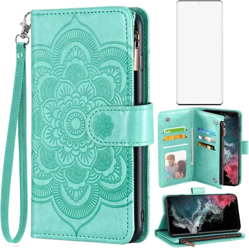 Asuwish Funda tipo cartera compatible con Samsung Galaxy S22 Ultra 5G y protector de pantalla de vidrio templado, funda de cuero con tapa para Verde