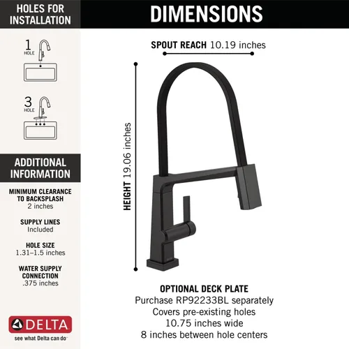 Miniatura 3 de Delta Faucet 9693T-BL-DST - Grifo de cocina pivotal, negro mate