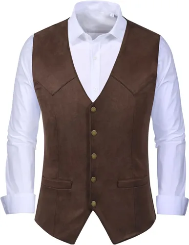 Miniatura 2 de Chaleco de piel de ante para hombre, estilo vintage, estilo vaquero, sin mangas, ajustado, para boda