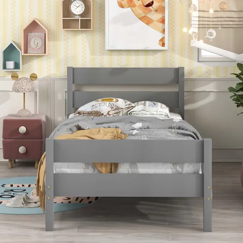 Miniatura 11 de Base de cama de plataforma de madera de tamaño individual con cabecera y estribo de estilo moderno, marco de cama de madera con patas de soporte