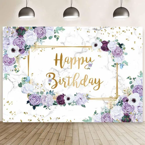 Miniatura 9 de MEHOFOND Telón de fondo de feliz cumpleaños de 7 x 5 pies, flores azules y blancas, fondo de fotografía de cumpleaños para niñas, puntos geométricos