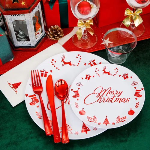 Miniatura 9 de Liacere 175 piezas de platos desechables de plástico navideños rojos y blancos - Incluye 25 platos de postre, 25 platos para cena, 25 cuchillos, 25