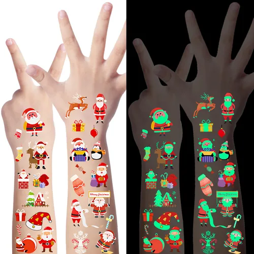 LOMIMOS 240 tatuajes temporales de Navidad para niños, recuerdos de fiesta de Navidad, tatuajes que brillan en la oscuridad, calcomanías