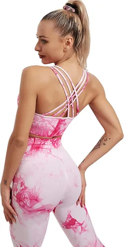 Miniatura 4 de YuMENo Conjuntos de entrenamiento de teñido anudado para mujer, 2 piezas, sin costuras, cintura alta, leggings de yoga con brasier deportivo, ropa