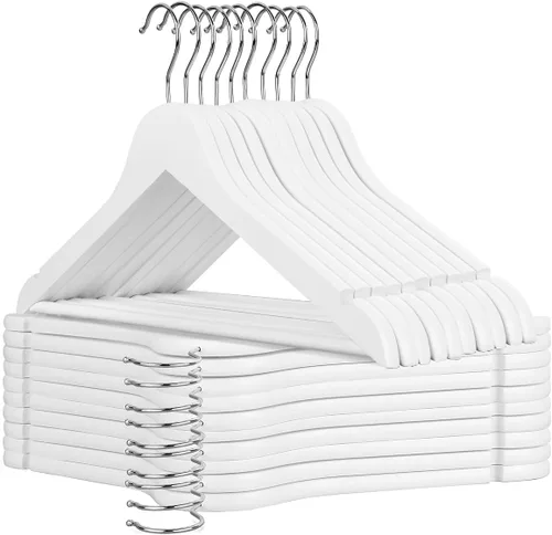 Miniatura 10 de AMKUFO Perchas de madera para trajes, paquete de 20 perchas de madera antideslizantes con muescas lisas de corte de finlandés, gancho giratorio