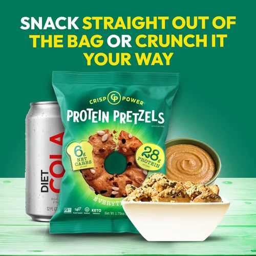 Miniatura 5 de CRISP POWER Pretzels de proteína, paquete variado con sal marina, sésamo y todo, hasta 0.99 oz de proteína, aperitivo alto en proteínas, aperitivos