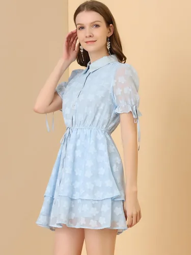 Miniatura 2 de Allegra K Peter Pan Collar Dress for Women's Floral Drawstring Chiffon Layered Shirt Dresses