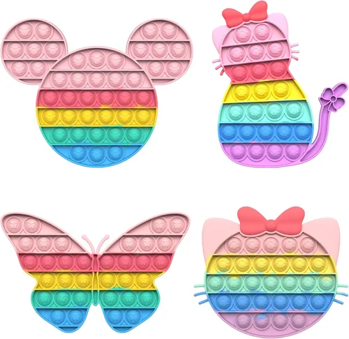 Paquete de 4 juguetes para ansiedad de reventar burbujas para niños, mariposa Pop It, gato Pop It, juego de juguetes sensoriales de ratón y gatito,