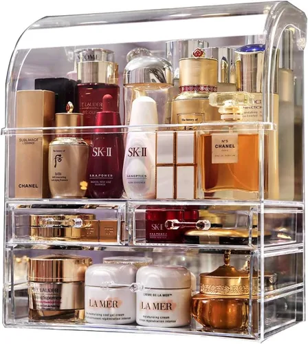 MOOCHI Organizador de maquillaje profesional grande transparente para baño, con cajones, caja de almacenamiento/exhibición Negro translúcido con