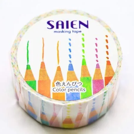 Kamiiso - Cinta adhesiva Saien - Cinta Washi (0.787 in) - Lápiz de color - para álbumes de recortes, manualidades, bricolaje, decoración de álbumes