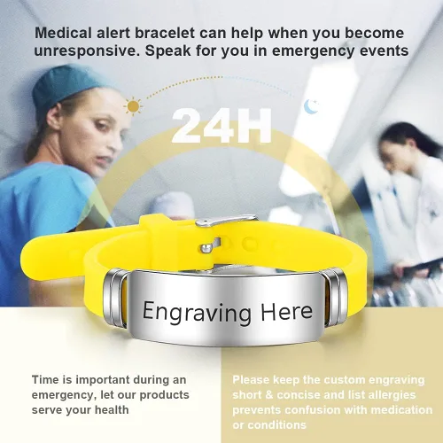 Miniatura 87 de OPALSTOCK Pulseras médicas personalizadas de silicona ajustable para identificación de emergencias, grabado gratuito, 9 pulgadas, resistente al