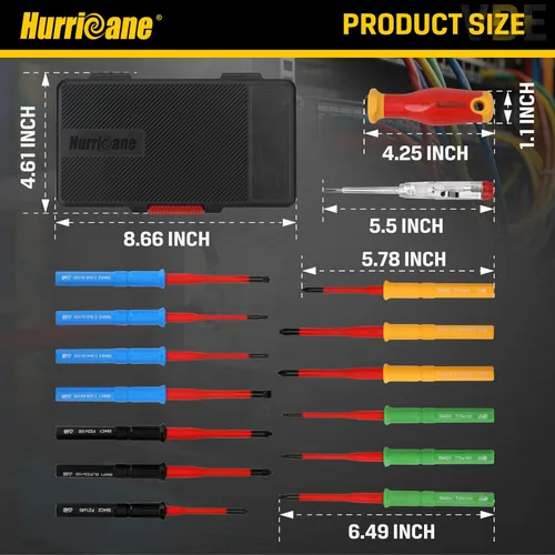 Miniatura 9 de HURRICANE Juego de destornilladores aislados de 15 piezas, herramientas de electricista con certificación VDE de 1000 V con cuchillas S2 codificadas