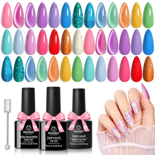 Miniatura 10 de beetles Gel Polish Juego de esmaltes de uñas de gel de 16 colores, blanco, marrón oscuro, rosa, colores nude, esmalte de uñas natural con 3 piezas