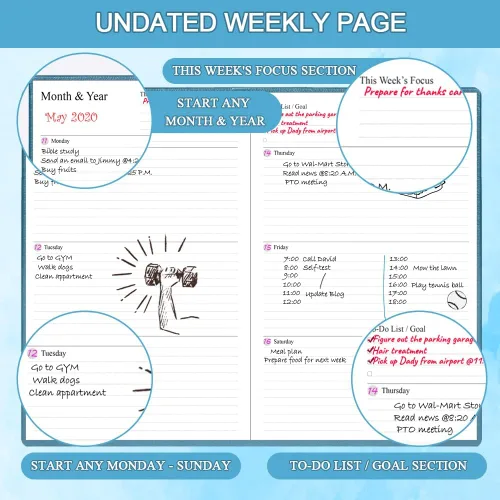 Miniatura 3 de Agenda sin fecha para cualquier año, planificador semanal y mensual y diario para rastrear objetivos, perfecto para organizar tu vida diaria, 5.85 x