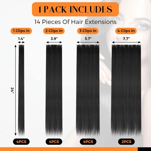 Miniatura 2 de Jexine 14 extensiones de cabello con clip de 24 pulgadas, extensiones de cabello largo y lacio, 9.17 oz, extensiones de cabello sintético suave