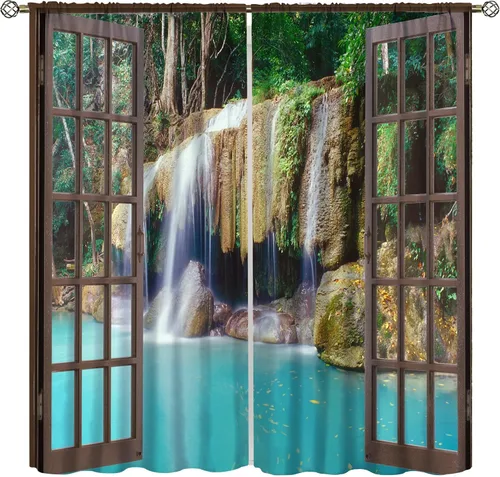 Miniatura 30 de Cortina opaca de bosque de verano, diseño de ramas de bosque, con bolsillo para barra, cortinas farbic con bolsillo para barra, comedor, cafetería