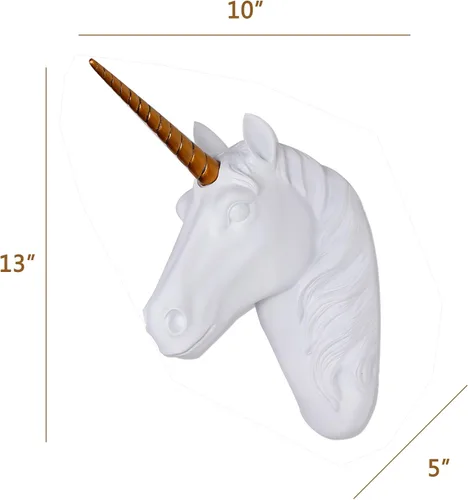 Miniatura 6 de Cabeza de unicornio para montaje en pared, escultura de cabeza de unicornio blanca con cuerno de oro, cabeza de animal de resina sintética
