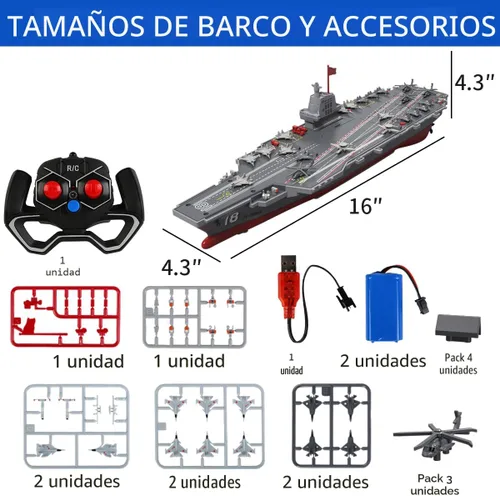 Miniatura 5 de Barcos RC para niños de 8 a 12 años, buque de guerra de 16 pulgadas, portaaviones y avión con 2 baterías recargables, barco militar de control