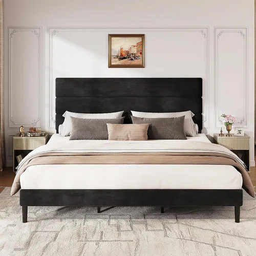 Miniatura 20 de WLIVE Base de cama tapizada, marcos de cama individual con cabecero, cama de plataforma con listones de madera, base de colchón de 600 libras,