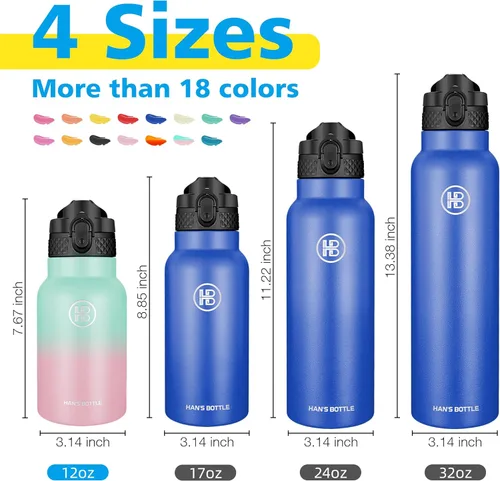 Miniatura 2 de Han's Bottle Botella de agua para niños con tapa con pajita - Vaso reutilizable de acero inoxidable aislado para niñas, niños, taza térmica, 12