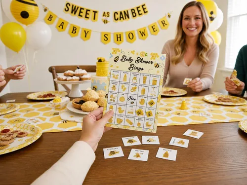 Miniatura 3 de Baby Shower Bingo - Juego temático de abeja para 24 jugadores para adultos y fiestas de revelación de género