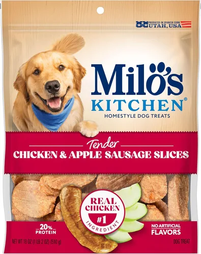 Miniatura 7 de Milo's Kitchen Homestyle - Golosinas para perros, rebanadas de salchicha de pollo y manzana, 18 onzas, altas en proteínas, sin sabores artificiales