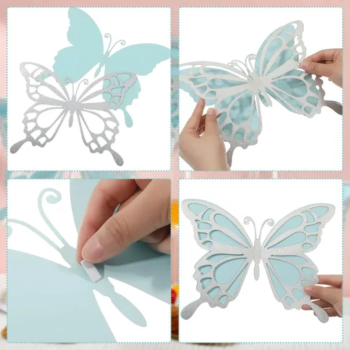 Miniatura 3 de Geyee 12 piezas de decoración de fiesta de mariposa grande 3D de 12 pulgadas, 10 pulgadas, centros de mesa de mariposa grandes para mesas, baby Azul