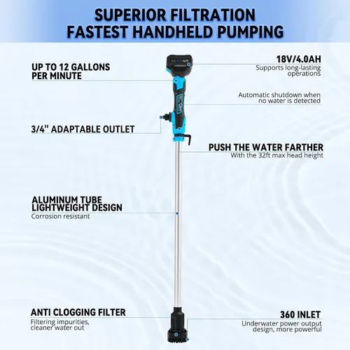 Miniatura 9 de Bomba de transferencia de agua inalámbrica de 720 GPH 32 pies con cabezal incluido, batería de 2 x 4000 mAh 21 V y cargador de 90 minutos de tiempo