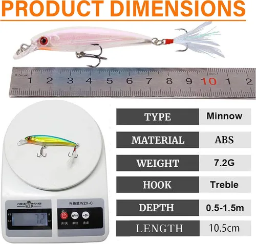 Miniatura 3 de Minnow - Señuelos de pesca de cebo duro realista Swimbait Bass Crankbait 3D Ojos de pesca ganchos agudos plumas intermitentes para lubina, trucha