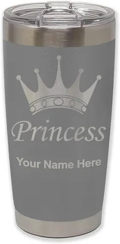 Miniatura 34 de LaserGram Vaso aislado al vacío de 20 onzas, corona de princesa, grabado personalizado incluido (negro)