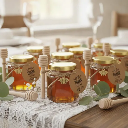 Miniatura 7 de Adabocute Mini tarros de miel – Tarro hexagonal de miel de vidrio con tapas doradas, cubos de madera, abalorios de abeja y yutes – Pequeños tarros