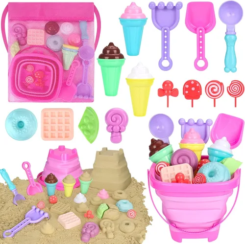 Juego de juguetes de playa plegables para niños pequeños y niñas, juego de cubo de arena plegable y palas con bolsa de malla y moldes de arena,