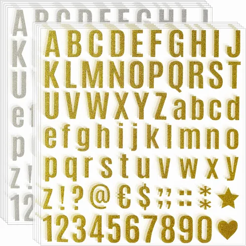 Miniatura 10 de 790 piezas de 10 hojas de calcomanías de letras doradas con purpurina, letras del alfabeto, kit de números de letras autoadhesivas para regalo