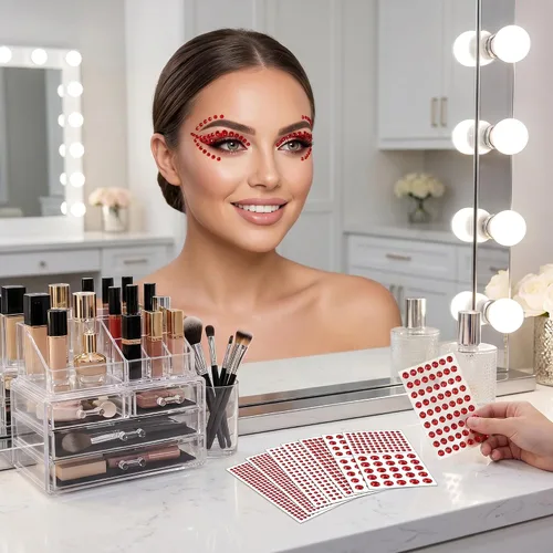 Miniatura 5 de 2102 gemas faciales adhesivas para el cabello, joyas autoadhesivas para el cabello, calcomanías brillantes para cabello, uñas, maquillaje, ropa, Rojo