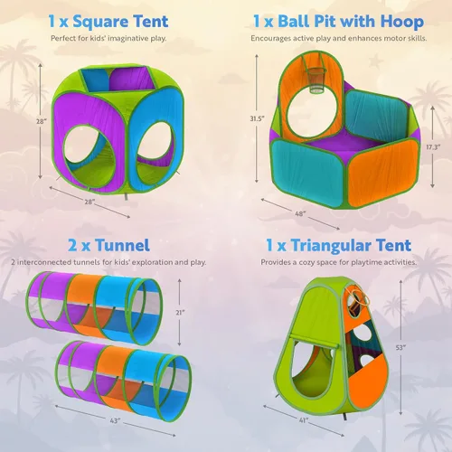 Miniatura 3 de Playz Tienda de campaña desplegable de 5 piezas para niños, túnel de gateo y pozo de pelotas con aro de baloncesto para niños, niñas, bebés y niños