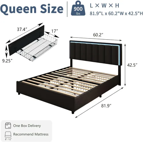 Miniatura 2 de IMMERSTABLE Base de cama tamaño Queen con cabecero y 4 cajones de almacenamiento, plataforma tapizada de piel sintética con luces LED, listones