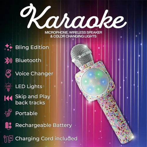 Miniatura 2 de Wireless Express - Micrófono de karaoke Bling Bluetooth para cantar y altavoz estéreo Bluetooth todo en uno (Confetti Bling)