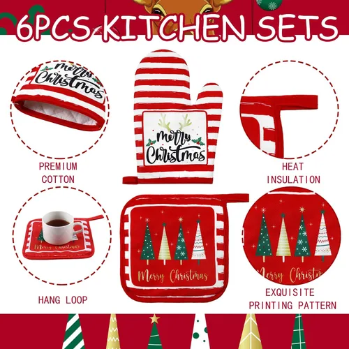 Miniatura 5 de Bencailor Juego de 6 Piezas Toallas de Cocina Navideñas Manoplas de Horno y Soportes para Ollas Tema Navideño Toallas de Platos Guantes de Horno