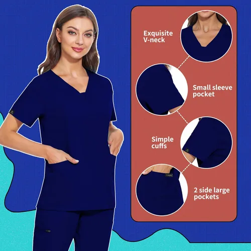 Miniatura 3 de VIAOLI Conjunto de ropa quirúrgica para mujer, camiseta con cuello en V y pantalones médicos tipo cargo para mujer, 10 bolsillos