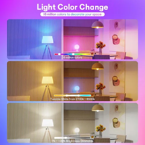 Miniatura 5 de Bombillas LED inteligentes, bombillas Bluetooth, bombillas RGB+CCT que cambian de color con control de aplicación, A19, E26, sincronización