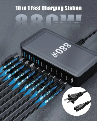 Miniatura 5 de Bloque de cargador USB C de 880 W, estación de carga USB C de 10 puertos GaN IV, estación de carga de múltiples puertos esenciales de viaje