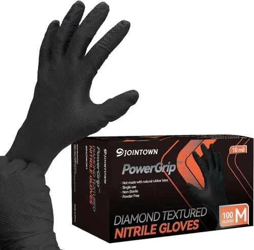 Jointown Guantes de nitrilo resistentes mejorados de 10 mil, guantes mecánicos de nitrilo desechables, con textura de diamante elevado, caja de 100