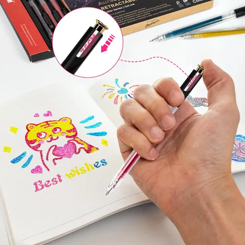 Miniatura 6 de ZSCM Bolígrafos de gel retráctiles con purpurina superbrillante, 12 colores de gran capacidad, bolígrafos de tinta de gel con brillo metálico