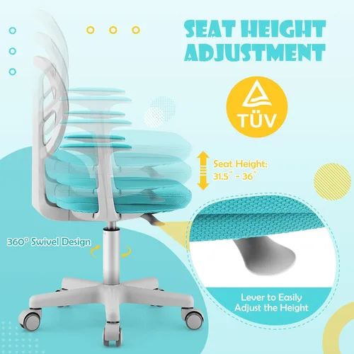 Miniatura 4 de GLACER Silla de escritorio para niños, silla de estudio giratoria de malla ajustable con ruedas, brazos, silla ergonómica para computadora con Verde