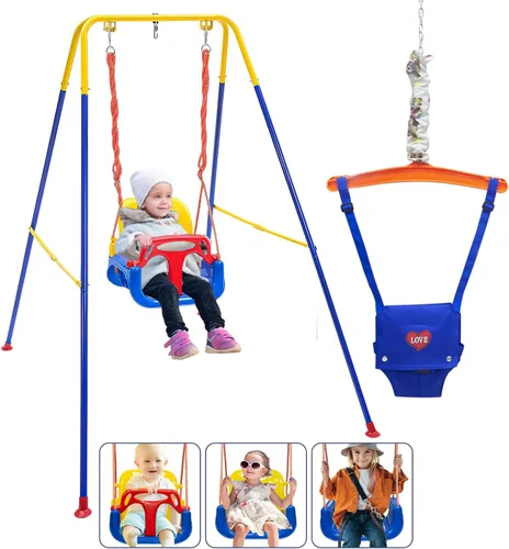 Juego de columpios para niños pequeños, columpio 3 en 1 para bebé para exteriores/interiores, columpio y puente para niños pequeños con soporte de
