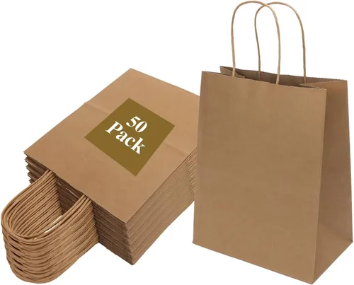 Joybe Paquete de 50 bolsas de papel marrón medianas de 8x4.75x10 pulgadas con asas al por mayor, bolsas de regalo de papel kraft para favores de