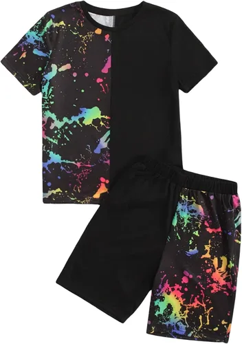 SHENHE Conjunto de camiseta y pantalones cortos de manga corta con estampado de camuflaje y bloques de color para niño de 2 piezas